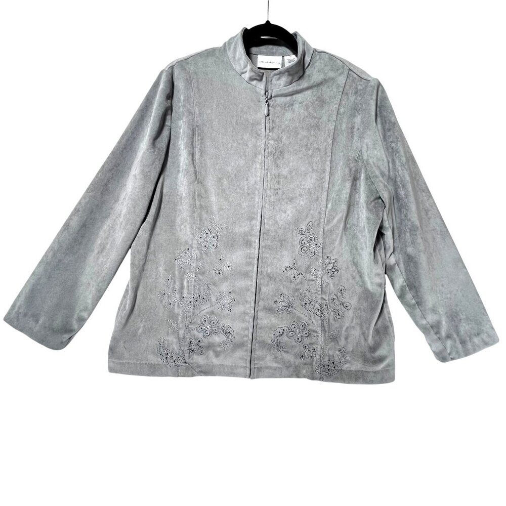 Alfred Dunner Gray Velour Embroidered Floral Jacket Rhinestone Full Zip XL